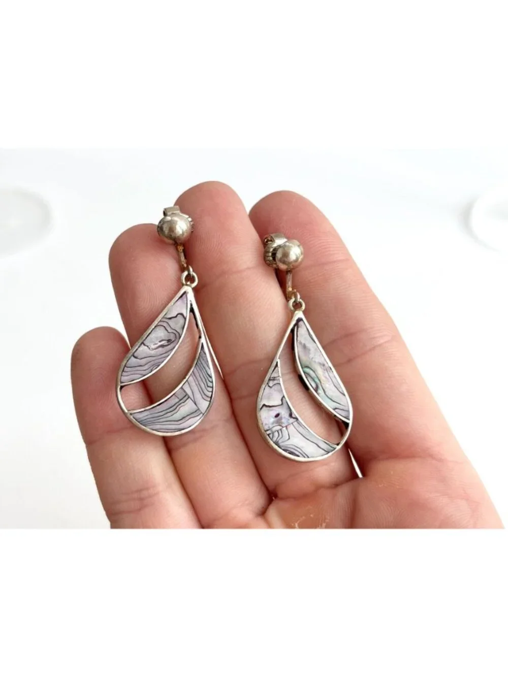 Abalone Inlaid Teardrop Clip On Alpaca Silver Plated Drop Southwest Earrings